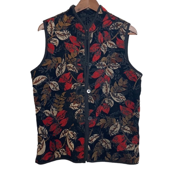 Vintage Reversible Vest Womens Large Chinois Granny Red Black Jacquard Velvet - Picture 1 of 14